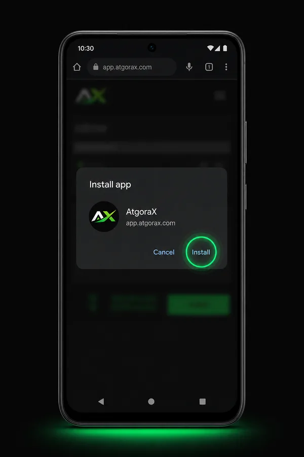 The Install app dialog in Chrome showing the AtgoraX icon, with Install highlighted