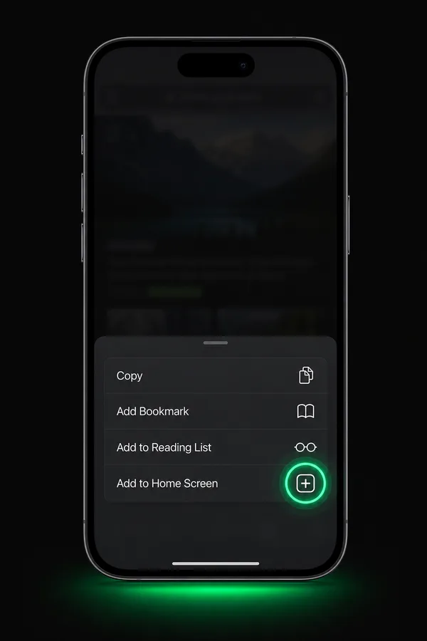 The iPhone share sheet with Add to Home Screen highlighted