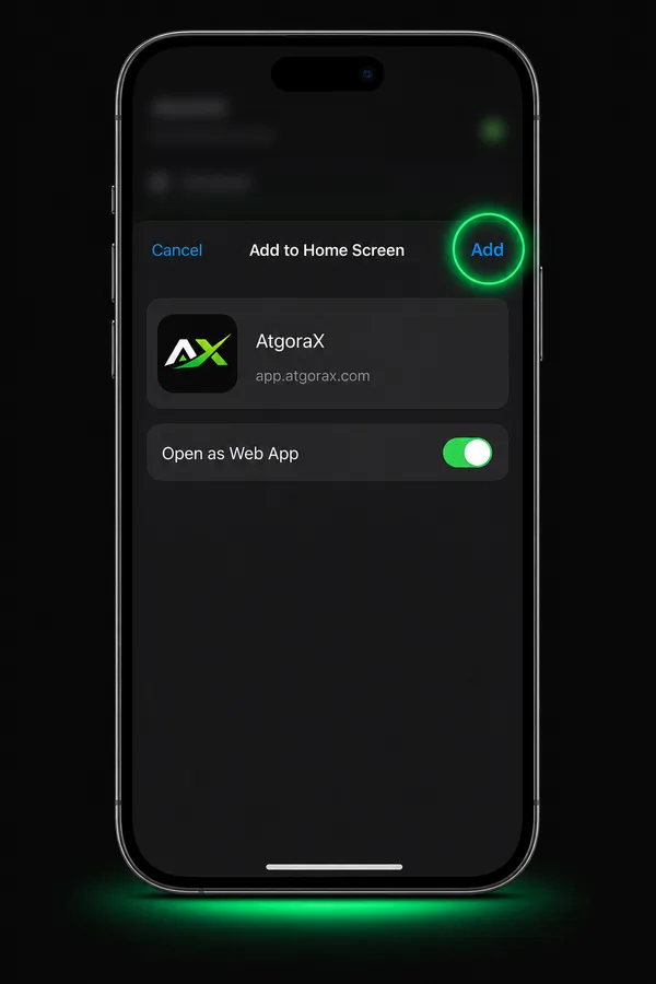 The Add to Home Screen sheet showing the AtgoraX icon, with Add highlighted
