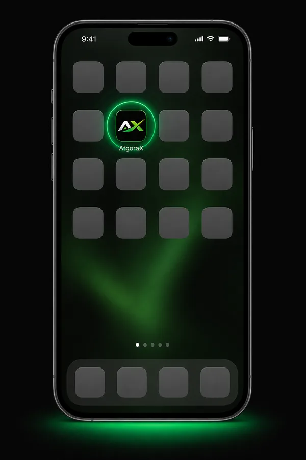 An iPhone home screen with the AtgoraX icon highlighted